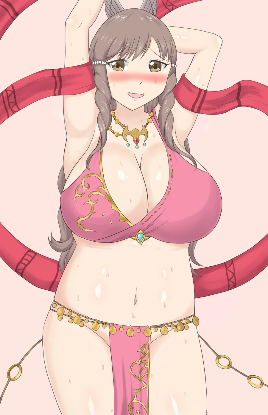 1girl big_breasts blush breasts brown_eyes brown_hair cleavage cosplay embarrassed exhibitionism fire_emblem fire_emblem:_awakening fire_emblem:_genealogy_of_the_holy_war fire_emblem_heroes fixed hair_ornament highres huge_breasts jewelry lene_(fire_emblem) lene_(fire_emblem)_(cosplay) long_hair looking_at_viewer midriff milf navel necklace nintendo no_bra no_panties no_underwear open_mouth plump raigarasu revealing_clothes smile sumia sweat thick_thighs thighs third-party_edit