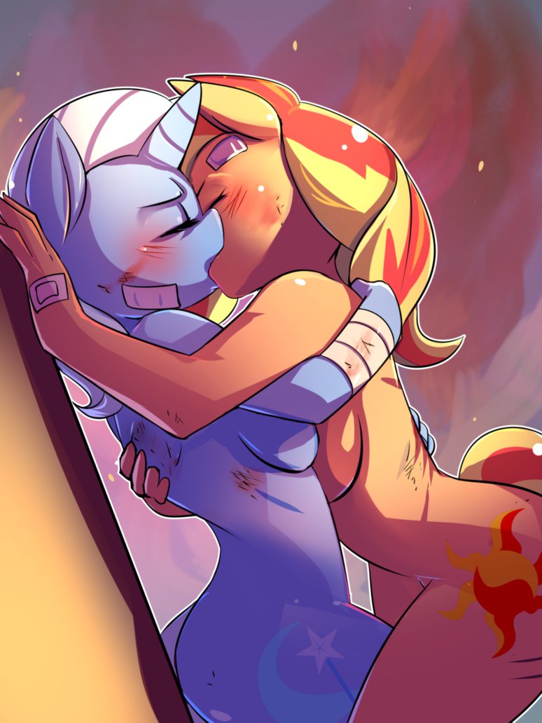 2016 anthro asymmetrical_docking bakki bandage blush breast_size_difference breast_squish breasts breasts_frottage bruised closed_eyes cutie_mark duo equestria_girls equine eyelashes female/female friendship_is_magic furry horn kissing mammal my_little_pony nude standing sunset_shimmer trixie unicorn wide_hips yuri