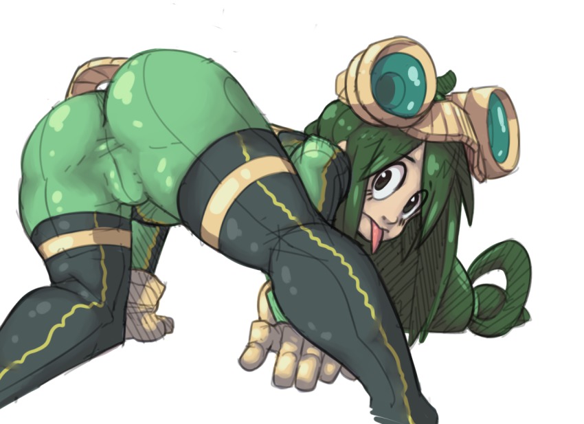 1girl 1girl :&gt; :p all_fours ass asui_tsuyu black_eyes black_hair bodysuit boku_no_hero_academia boots colored frog_girl from_behind gloves goggles goggles_on_head green_hair long_hair monster_girl my_hero_academia stockings thigh_high_boots tongue tongue_out tsuyu_asui zsky