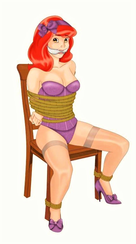bondage chair corset daphne_blake female female_only gag high_heels koboshi_no_niwa orange_hair redhead rope scooby-doo solo stockings thighs