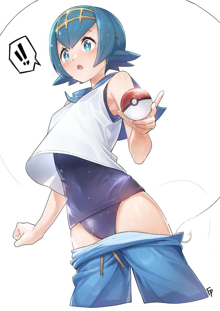! !! 1girl :o armpits artist_name bangs bare_arms bare_shoulders blue_eyes blue_hair blue_pants blush breasts bright_pupils cameltoe clenched_hand covered_navel crop_top crop_top_overhang cropped_legs eyelashes fingernails fishing_hook fishing_line fpanda glint hairband highres holding holding_poke_ball lana one-piece_swimsuit pants pants_pull poke_ball pokemon pokemon_(game) pokemon_sm school_swimsuit short_hair simple_background skin_tight sleeveless small_breasts solo spoken_exclamation_mark suiren_(pokemon) surprised swimsuit swimsuit_under_clothes trial_captain wet white_background wrist_extended