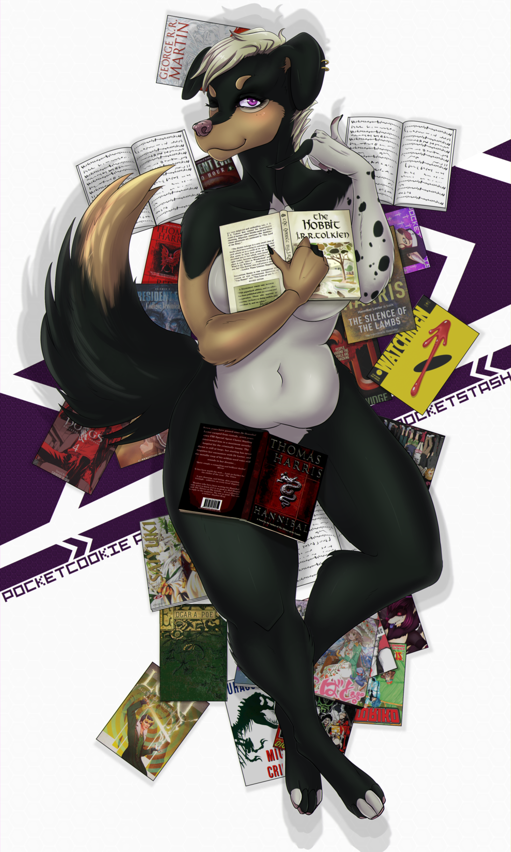 1girl 1girl anthro book canine fur furry hair looking_at_viewer lying mammal nude on_back pocketcookie slightly_chubby smile