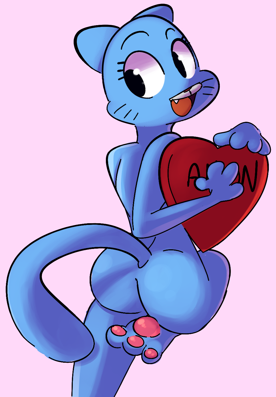 1girl 3_toes 4_fingers anthro ass blue_fur cartoon_network cat do0ks feet_pads feline fur furry happy heart holidays looking_back mammal mature_female milf nicole_watterson nude open_mouth parent pink_background red_nose simple_background the_amazing_world_of_gumball toes tongue valentine's_day whiskers