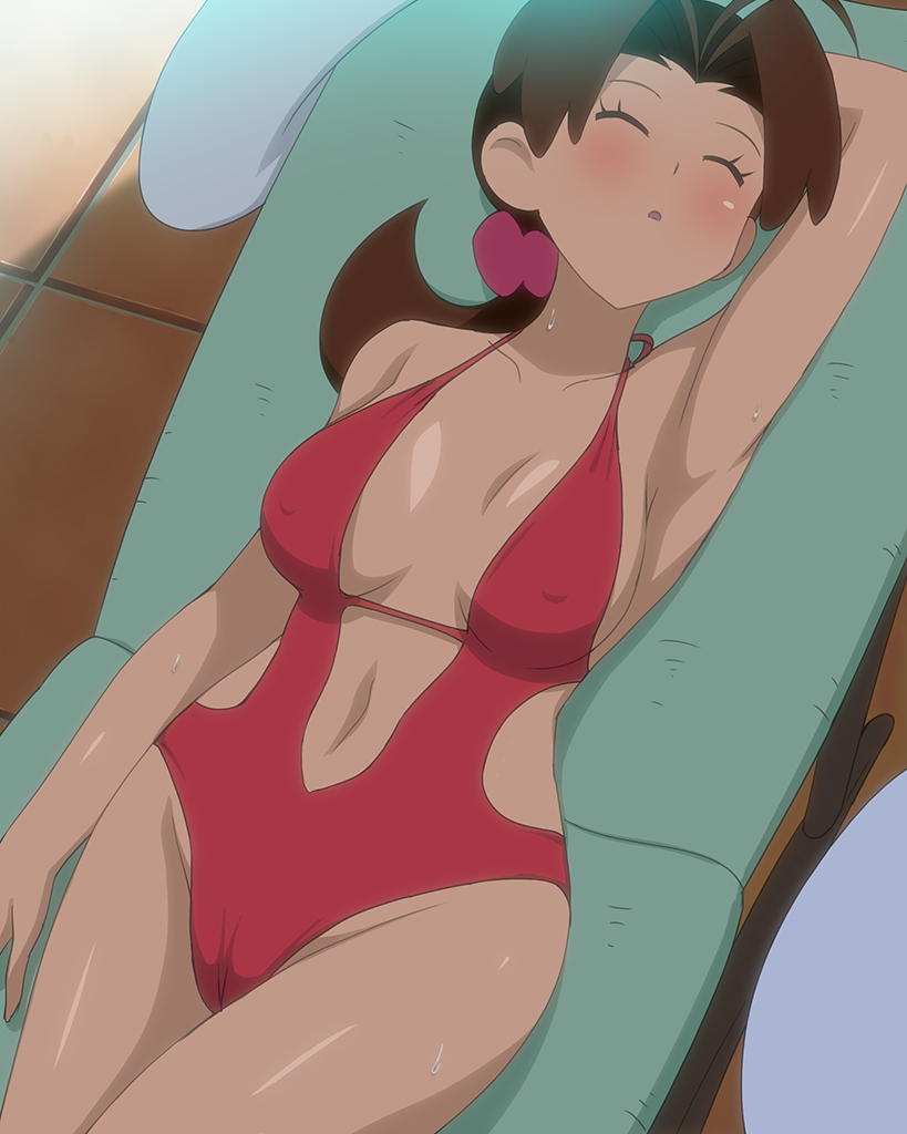 1girl :d :o ahoge alluring arm_at_side arm_behind_head arm_up armpits bangs blush breasts breasts_apart brown_hair cameltoe casual_one-piece_swimsuit center_opening chair closed_eyes covered_nipples cowboy_shot day daytime delia_ketchum dutch_angle flipped_hair from_above groin hair_ornament hair_scrunchie halterneck hanako_(pokemon) hips large_breasts leaning_back legs_together long_hair lounge_chair low_ponytail lying makino_tomoyasu mature navel navel_cutout on_back on_chair one-piece_swimsuit open_mouth outdoors parted_lips pokemon pokemon_(anime) pokemon_sm ponytail red_swimsuit scrunchie shade side_cutout sideboob sleeping smile solo sweat swimsuit
