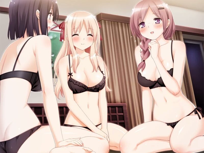 3_girls 3girls anime blush bra character_request ecchi multiple_girls panties series_request smile twitter
