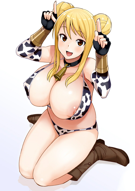 1girl :d animal_print areolae bangs bell bell_collar bikini black_gloves blonde_hair blush boots breasts brown_eyes cleavage collar covered_nipples cow_bell cow_print detached_sleeves double_bun fairy_tail fingerless_gloves full_body gloves gradient gradient_background hands_up horns_pose huge_breasts index_finger_raised long_hair looking_at_viewer lucy_heartfilia nipple_slip nipples open_mouth print_bikini sitting smile solo strap_gap swimsuit tamagoroo_(funifuni_labo) vambraces