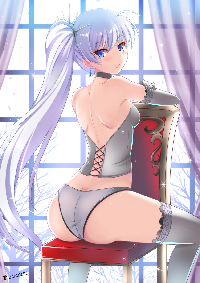 1girl anime ass bare_back bare_shoulders bare_tree blue_eyes blush breasts bustier chair choker curtains cute earrings elbow_gloves eyebrows from_behind gloves highres jewelry lace lace-trimmed_thighhighs long_hair looking_at_viewer looking_back panties rwby scar scar_across_eye sexy_ass side_ponytail sitting smile solo sparkle the-sinner thighhighs tree underwear weiss_schnee white_hair white_legwear white_panties window