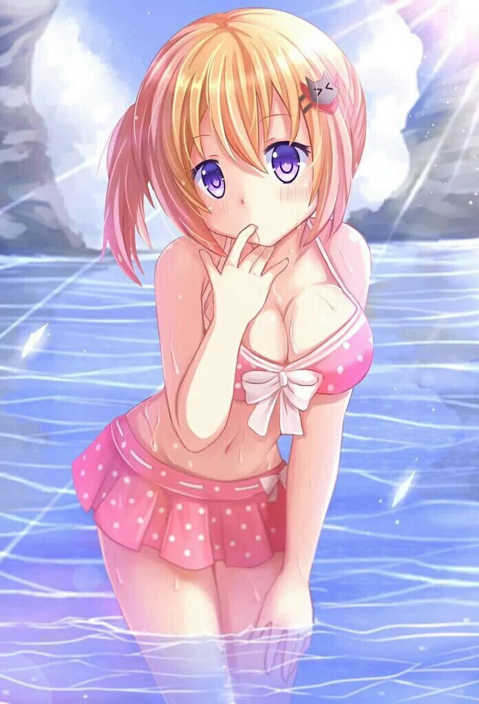anime bikini character_request ecchi looking_at_viewer pose series_request swimsuit twitter water