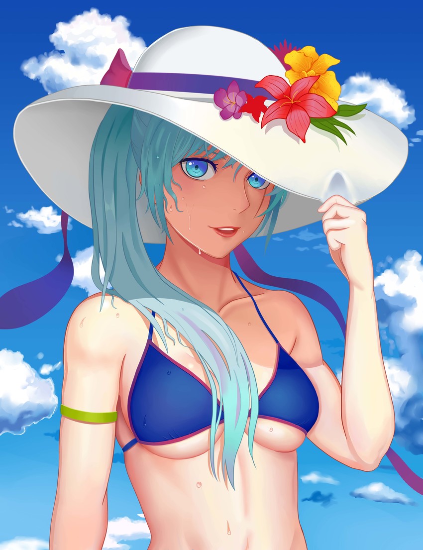 1girl absurdres alternate_breast_size aqua_hair bikini blue_eyes breasts cloud collarbone day daytime flower hat highres lipstick long_hair looking_at_viewer makeup medium_breasts parted_lips rwby simple_background sky solo sun_hat swimsuit weiss_schnee wet zhao_shixuan