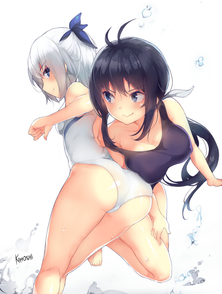 2_girls antenna_hair artist_name ass ass_on_breasts barefoot big_breasts black_hair blue_eyes breast_press breasts competition_swimsuit deru06 female_only from_side highres kaminashi_nozomi keijo kimoshi long_hair miyata_sayaka multiple_girls one-piece_swimsuit ponytail profile signature small_breasts smile swimsuit white_background white_hair