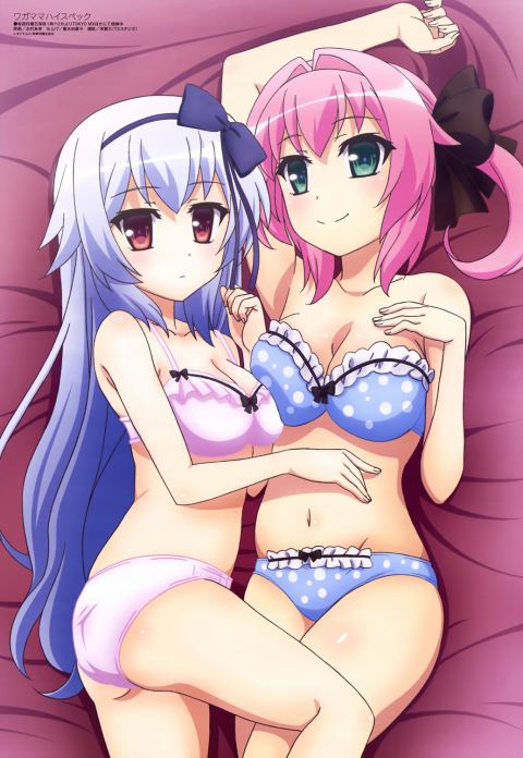 2girls :| absurd_res arm_up armpits art ass asymmetrical_docking babe bangs bare_shoulders bed_sheet between_legs black_bow blue_bow blue_bra blue_hair blue_panties blue_ribbon blush bow bow_bra bow_panties bra breast_press breasts caffeccino cleavage clenched_hand closed_mouth expressionless flat_ass frilled_bra frilled_panties frills from_above from_side green_eyes hair_bow hair_intakes hair_ribbon hairband hand_on_another's_stomach hand_on_own_chest hand_up high_res indoors kitamura_tomoyuki kitamura_tomoyuki_(artist) legs_together light_smile lingerie long_hair looking_at_viewer looking_back love lying madosoft magazine_scan medium_breasts megami miyase_mihiro multiple_girls mutual_yuri narumi_toa navel official_art on_back on_bed on_side panties pink_bra pink_hair pink_panties polka_dot polka_dot_bra polka_dot_panties purple_bra purple_panties red_eyes ribbon scan shiny shiny_skin short_hair short_twintails sidelocks silver_hair skindentation smile spread_legs stomach strapless strapless_bra twin_tails underwear underwear_only wagamama_high_spec yuri