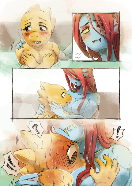 ! !! 2girls ? alphyne alphys alphys_(undertale) anthro anthro_only blue_body blue_skin blush blushing_female claws comic comic_page comic_panel covering_breasts duo face_between_breasts face_in_breasts female female/female female_anthro female_only fish fish_girl glasses hot_spring lesbian lizard lizard_girl marine monster monster_girl onsen red_hair reptile reptile_girl scalie slit_pupils spoken_exclamation_mark spoken_exclamation_point spoken_question_mark undertale undertale_(series) undyne video_games yellow_body yellow_sclera yellow_skin