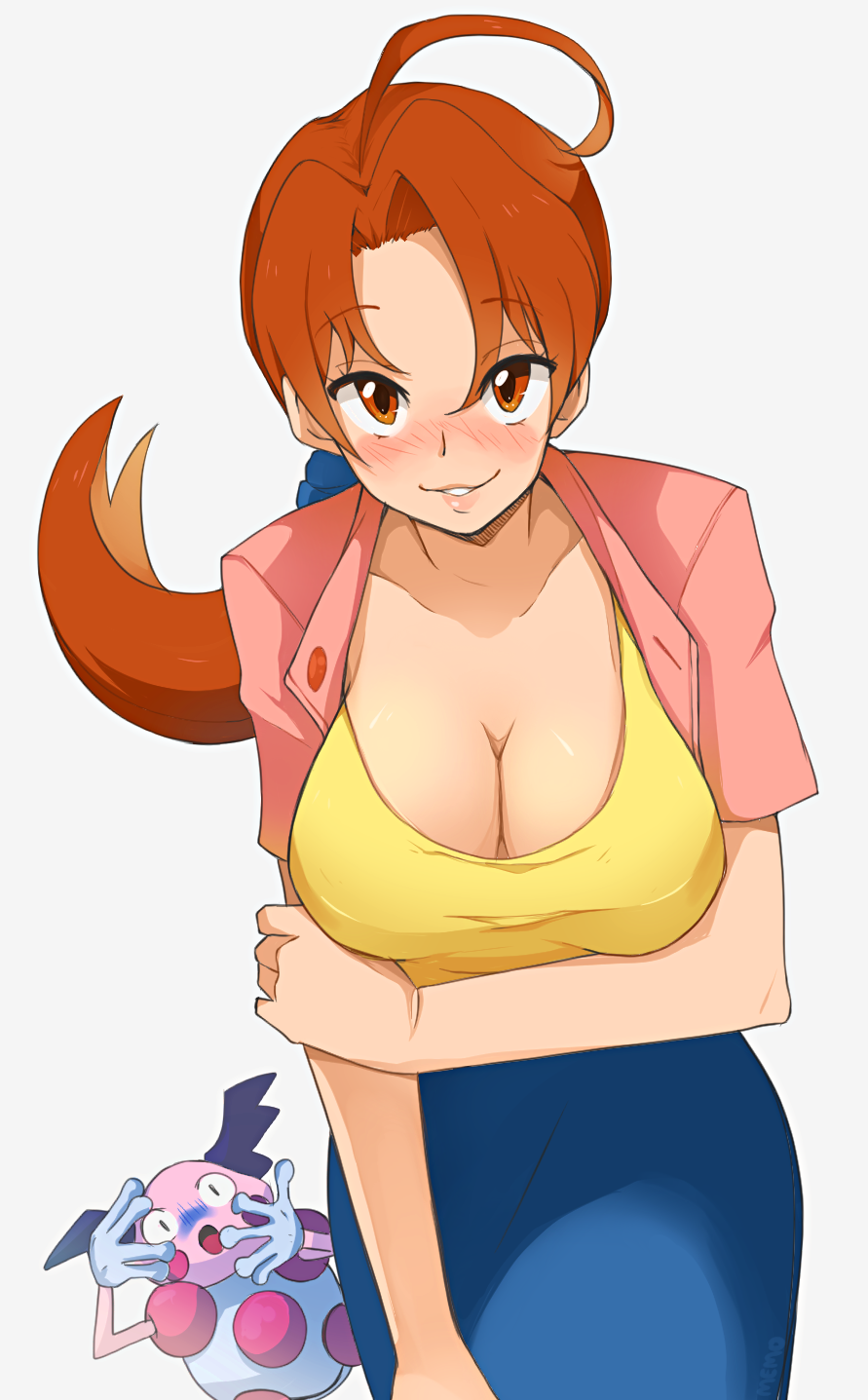 1girl blush breasts cleavage clothed delia_ketchum deviantart female_human hanako_(pokemon) looking_at_viewer memorinn milf mr._mime naughty_face pokemon pokemon_(anime) ponytail side_ponytail skirt standing white_background