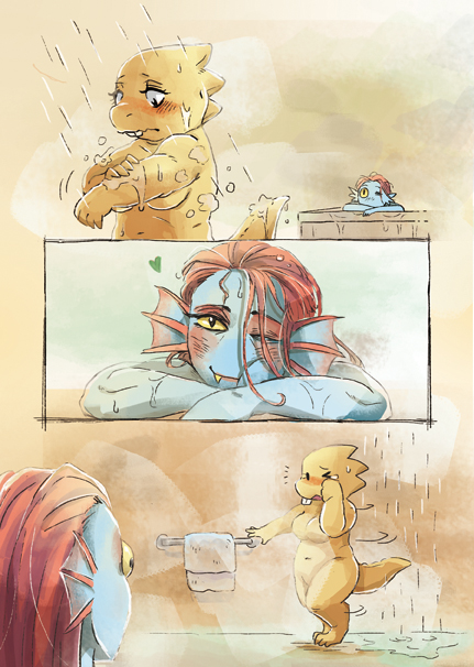 2girls alphyne alphys alphys_(undertale) anthro anthro_only blue_body blue_skin claws comic comic_page comic_panel doctor duo female female/female female_anthro female_only fish fish_girl glasses lab_coat lizard lizard_girl looking_at_another marine monster monster_girl red_hair reptile reptile_girl scalie slit_pupils undertale undertale_(series) undyne unphys video_games yellow_body yellow_sclera yellow_skin