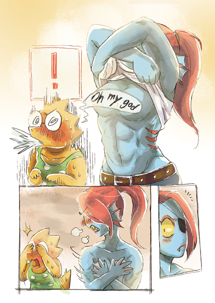 ! 2girls alphyne alphys alphys_(undertale) anthro anthro_only blue_body blue_skin claws comic comic_page comic_panel covering_breasts covering_eyes covering_own_eyes doctor duo eyepatch female female/female female_anthro female_only fish fish_girl glasses lab_coat lesbian lizard lizard_girl marine monster monster_girl red_hair reptile reptile_girl scalie slit_pupils spoken_exclamation_mark spoken_exclamation_point undertale undertale_(series) undyne video_games yellow_body yellow_sclera yellow_skin