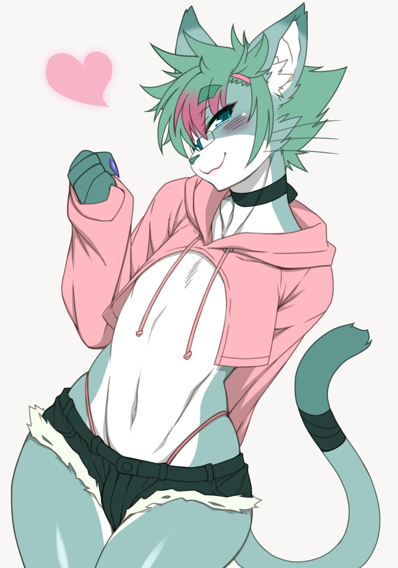 &lt;3 anthro blush claws clothed clothing domestic_cat felid feline felis fur furry girly green_eyes green_fur looking_at_viewer male mammal meme nakagamit simple_background takashi twitter_hoodie white_background