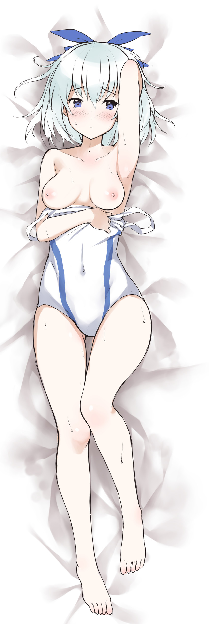 1girl absurdres ass barefoot blue_eyes blush breasts competition_swimsuit dakimakura feet hair_ribbon highres keijo looking_at_viewer looking_back lying miyata_sayaka multiple_views nipples on_back on_stomach one-piece_swimsuit ren_san ribbon short_hair silver_hair swimsuit swimsuit_pull towel white_swimsuit