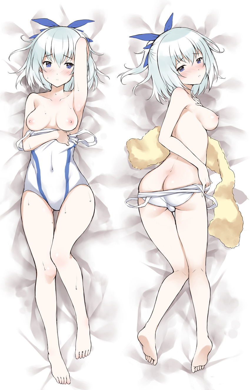 1girl absurdres ass barefoot blue_eyes blush breasts competition_swimsuit dakimakura feet hair_ribbon highres keijo looking_at_viewer looking_back lying miyata_sayaka multiple_views nipples on_back on_stomach one-piece_swimsuit ren_san ribbon short_hair silver_hair swimsuit swimsuit_pull towel white_swimsuit