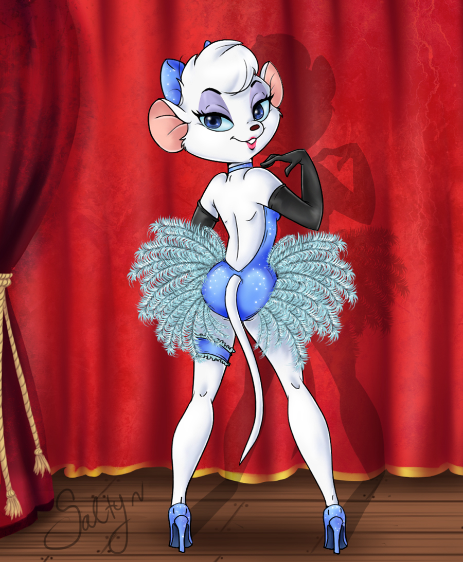 1girl anthro anthro_mouse ass blue_eyes blue_high_heels blue_leotard dancer_outfit disney female female_anthro female_anthro_mouse female_only furry gloves high_heels kneepits legs leotard long_gloves looking_at_viewer looking_back mammal miss_kitty_mouse mouse mouse_ears mouse_tail non-nude rodent solo standing tail the_great_mouse_detective thigh_band white_fur