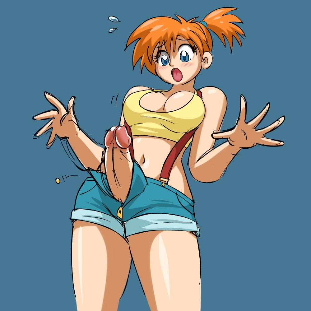 1_girl 1girl blush breasts button_popped clothed clothed_female embarrassed erection flying_sweatdrops from_below futanari hard kasumi_(pokemon) medium_breasts misty non-nude orange_hair penis pokemon pokemon_(anime) ponytail red_hair redhead shiny shiny_skin shocked side_ponytail standing surprised sweatdrop tumblr viewed_from_below wardrobe_malfunction
