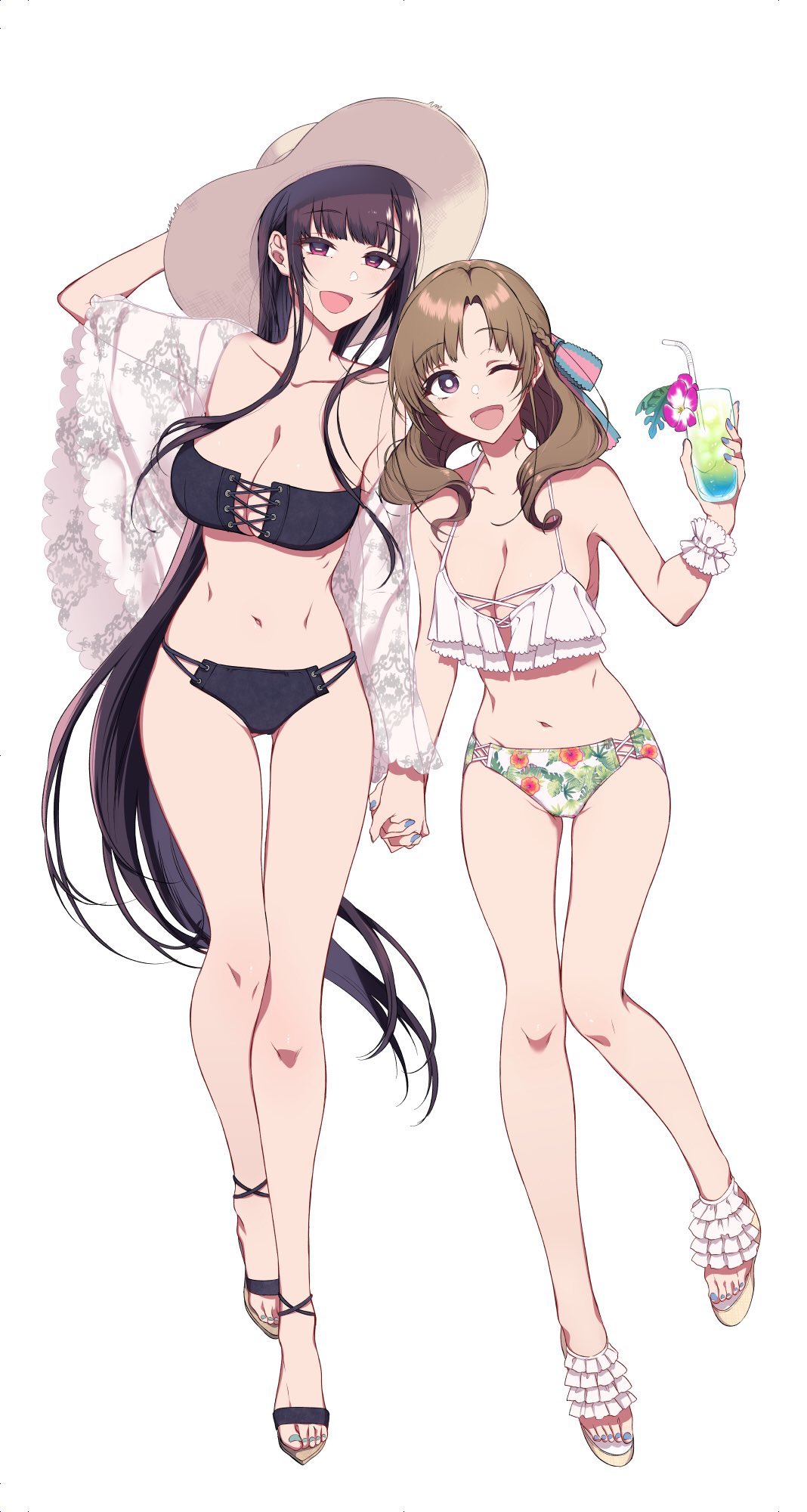2_girls 2girls bare_midriff big_ass big_breasts character_request copyright_request duo female female_only flower_print hand_holding hat huge_ass huge_breasts interlocked_fingers looking_at_viewer milf mostly_nude printed_panties sun_hat swimsuit thigh_gap tropical_drink very_long_hair white_background yuri