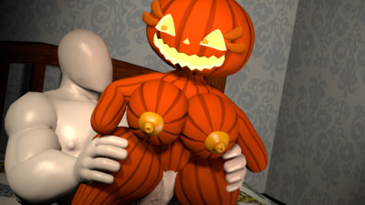 1boy 1girl bed bouncing_breasts cowgirl_position faceless_male five_nights_at_freddy's jack_o_pumpkin_(fnaf) looking_back nude penis penis_in_pussy pumpkin pumpkin_girl pumpkin_head sex