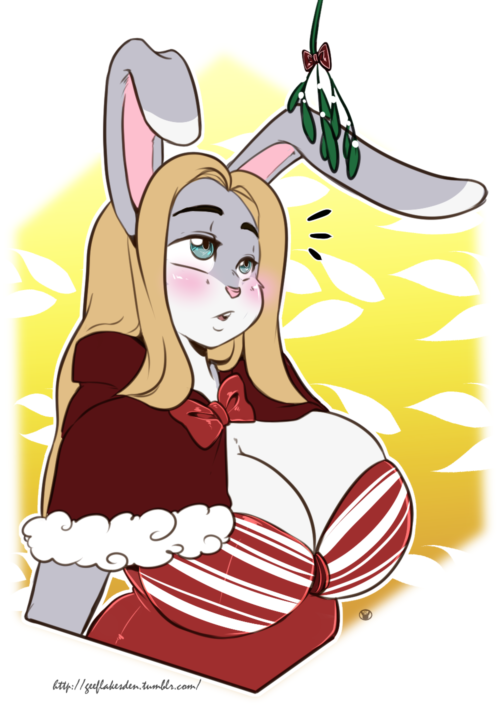 1girl 1girl 2016 anthro arnachy big_breasts blonde_hair blue_eyes blush breasts cleavage clothed clothing furry hair high_res huge_breasts lagomorph long_hair mammal mistletoe open_mouth plant rabbit
