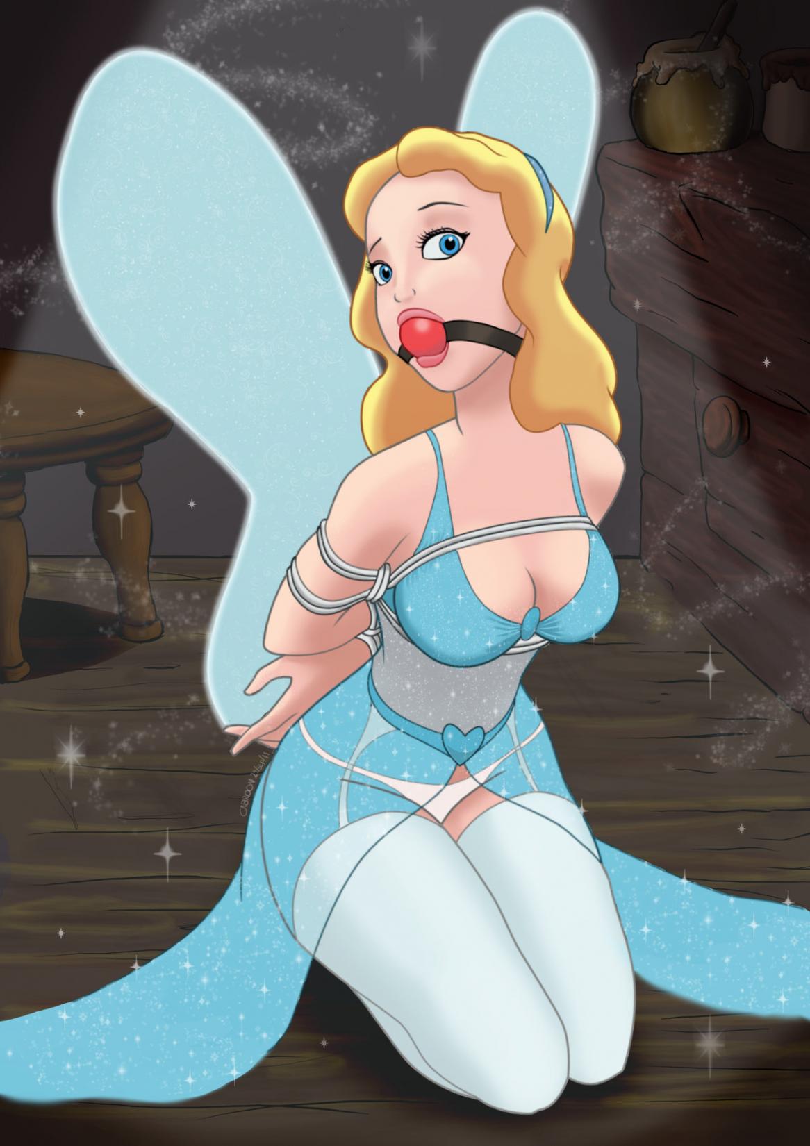 1girl ball_gag blonde_hair blue_eyes blue_fairy bondage breasts clothed clothed_female disney female female_only kneeling non-nude on_knees panties pinocchio rope see-through_dress see_through solo stockings tied underwear white_panties wings