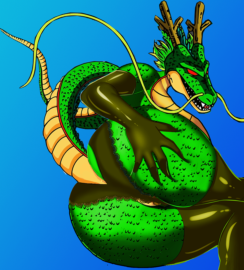 1girl ass big_ass blue_background breasts dragon dragon_ball dragon_ball_z eastern_dragon gloves green_skin hand_on_butt horns latex looking_at_viewer mane open_mouth presenting presenting_hindquarters red_eyes reptile scalie seductive shenron simple_background stockings teeth topless underwear voluptuous whiskers