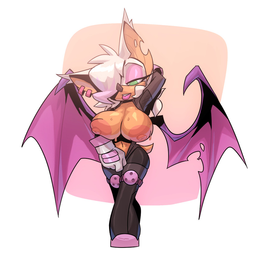 1girl anthro areola big_areola bigdad black_clothing bodily_fluids breasts chiropteran clothing exposed_breasts female_only female_solo front_view furry hair hair_over_eye lips mammal mismatched_ears mismatched_wings nipples notched_ear one_eye_obstructed rouge_the_bat sega simple_background solo_female sonic sonic_the_hedgehog_(series) sweat thick_bottom_lip undressing wings