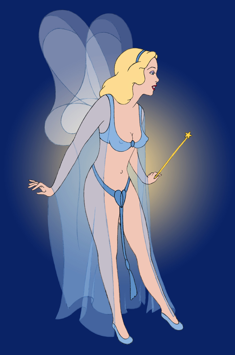 1girl blonde_hair blue_eyes blue_fairy bra breasts disney female female_only nipples no_panties pinocchio see_through semi-nude solo standing wand wings