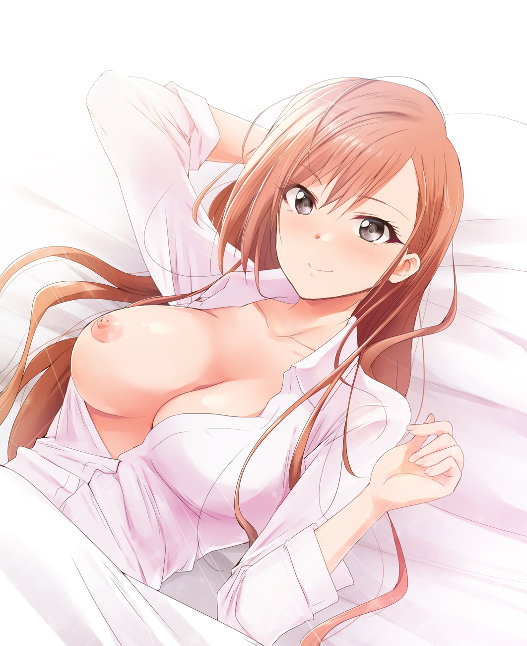 1girl 1girl 1girl arisugawa_natsuha arm_at_side arm_behind_head bangs bed bed_sheet black_eyes blush breasts breasts_out_of_clothes clavicle eyebrows_visible_through_hair high_resolution idolmaster kaiga long_hair looking_at_viewer lying nipples no_bra on_back parted_bangs red_hair shirt smile the_idolm@ster:_shiny_colors upper_body viewed_from_above white_shirt