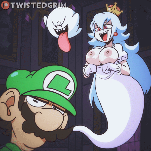 1:1_aspect_ratio big_breasts blush boo booette bouncing_breasts breasts covering_face crown facial_hair flashing full-face_blush ghost gif gif hair_between_eyes large_filesize long_hair looking_at_viewer luigi luigi's_mansion mario_(series) mustache red_eyes super_crown super_mario_bros. tongue tongue_out twistedgrim