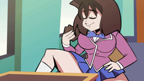 1girl big_breasts breasts brown_eyes brown_hair bursting_breasts clothed female female_only gif hagen_toons holding human jacket looking_at_viewer open_mouth ribbon skirt smile solo tea_gardner wardrobe_malfunction yu-gi-oh! yuu-gi-ou_duel_monsters