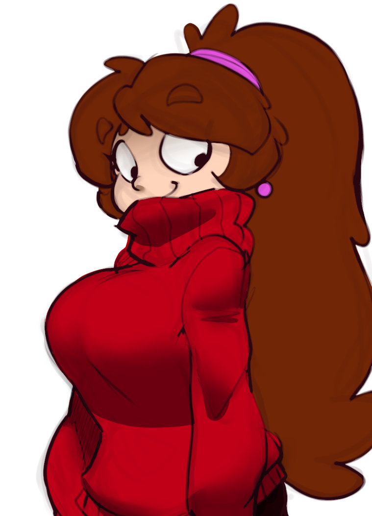 1girl aged_up big_breasts bigdad breasts brown_hair earrings gravity_falls happy large_breasts long_hair looking_at_viewer mabel_pines ponytail sweater