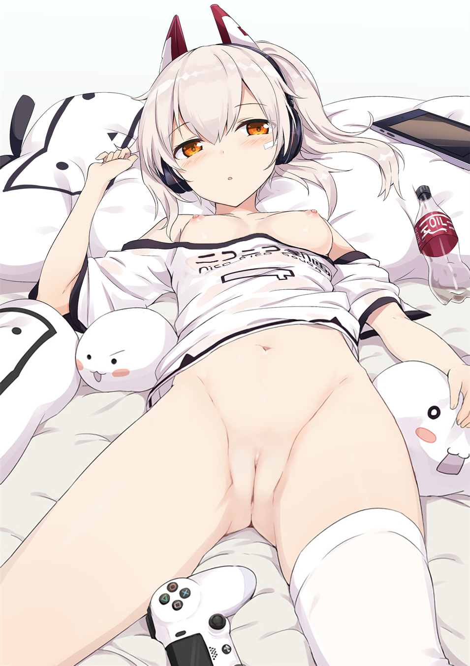 1girl :o rn areola asymmetrical_hair asymmetrical_legwear ayanami_(azur_lane) azur_lane bangs bare_shoulders bed_sheet black_underwear blonde blush blush_stickers bottle bottomless breast_slip breasts breasts_out_of_clothes controller cowboy_shot dakimakura_(object) dualshock eyebrows_visible_through_hair female_only female_solo game_controller gamepad gochou_(atemonai_heya) groin hagirussia_(sanyanyanya) hair_between_eyes hair_ornament half-closed_eyes hand_up head_tilt headgear headphones high_resolution innie long_hair looking_at_viewer lying navel nico_nico_douga nipples nopan nude_filter off-shoulder_shirt off_shoulder on_back open_mouth orange_eyes paipan parted_lips pillow platinum_blonde playstation_controller ponytail pussy shiny shiny_hair shirt short_sleeves side_ponytail silver_hair simple_background single_thighhigh small_breasts stockings stomach stuffed_toy tablet terebi-chan text_on_clothes thighs third-party_edit tied_hair uncensored white_background white_legwear white_shirt
