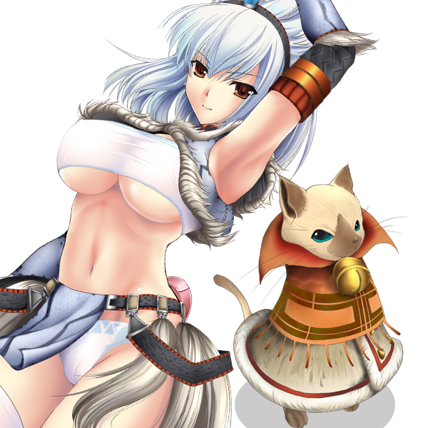 1girl aqua_eyes arm_up armor armpits arms_up bandeau bangs bell belt big_breasts bikini_armor blue_hair breasts cameltoe capcom cat cleavage coat crop_top dutch_angle elbow_gloves erect_nipples felyne fur_trim gloves hairband horn jingle_bell kirin kirin_(armor) kizuki_aruchu large_breasts loincloth looking_at_viewer midriff monster_hunter navel nekoht orange_eyes panties pouch print_panties printed_panties red_eyes shadow shirt shitapai simple_background smile solo standing strapless taut_clothes taut_shirt thighhighs tubetop underboob underboob* underwear white_background white_hair white_legwear white_panties zettai_ryouiki