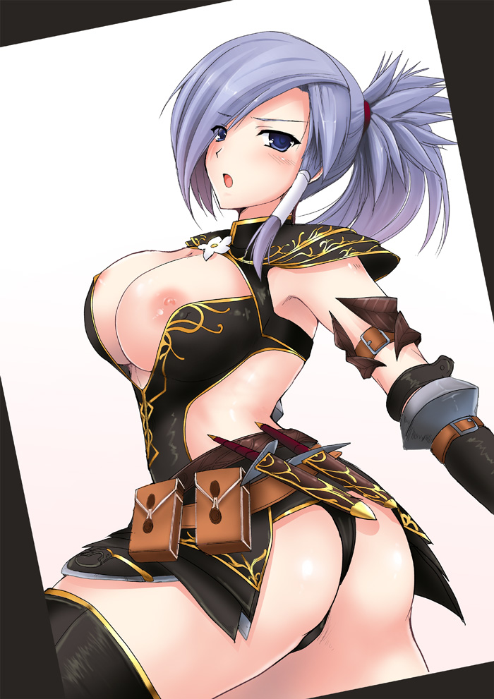 1girl :o areola areola_slip areolae armband armor armpits ass back bangs belt belt_pouch black_legwear black_panties black_thong blue_eyes blue_hair blush border breasts buckle capcom cleavage cleavage_cutout cowboy_shot curvy dagger elbow_gloves embarrassed gloves hair_ornament hair_tubes huge_ass kizuki_aruchu knife large_breasts long_hair looking_at_viewer looking_back microskirt monster_hunter monster_hunter_frontier nipple_slip nipples no_bra noir_(armor) open_mouth panties pantyshot pauldrons ponytail pouch profile scrunchie sheath simple_background skirt solo spiked_hair standing strap surprised swept_bangs thick_thighs thighhighs thighs thong turtleneck underwear upskirt weapon white_background zettai_ryouiki