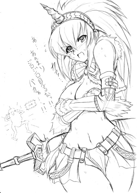 1girl angry breast_hold breasts capcom cleavage covering covering_breasts hairband hips horn kirin kirin_(armor) monochrome monster_hunter sketch solo translated wide_hips yasakani_an