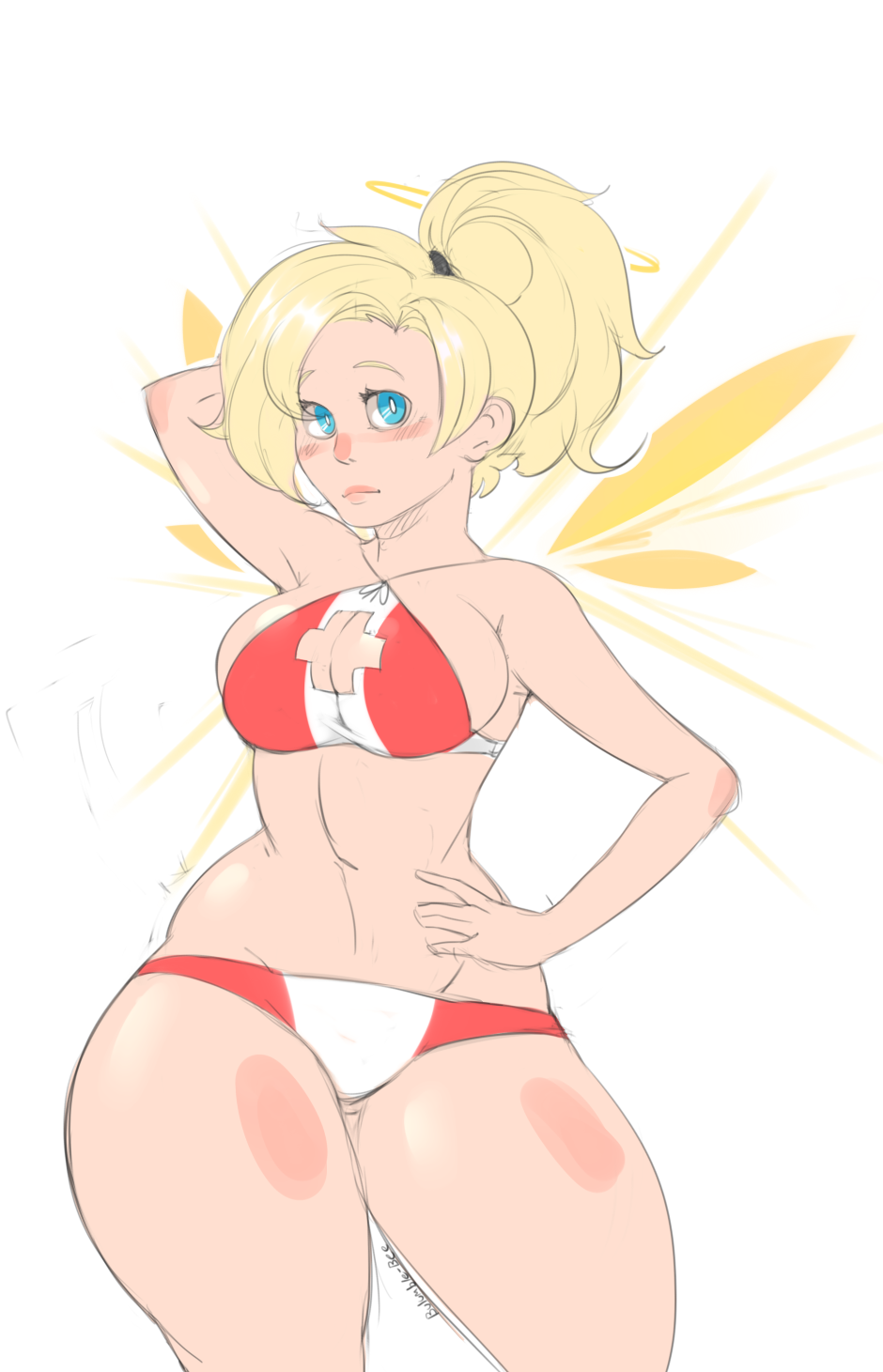 1girl big_breasts bikini blonde_hair blue_eyes blush breasts bulumble-bee female_only looking_at_viewer mercy_(overwatch) navel overwatch ponytail short_hair simple_background tagme thick_thighs wide_hips wings
