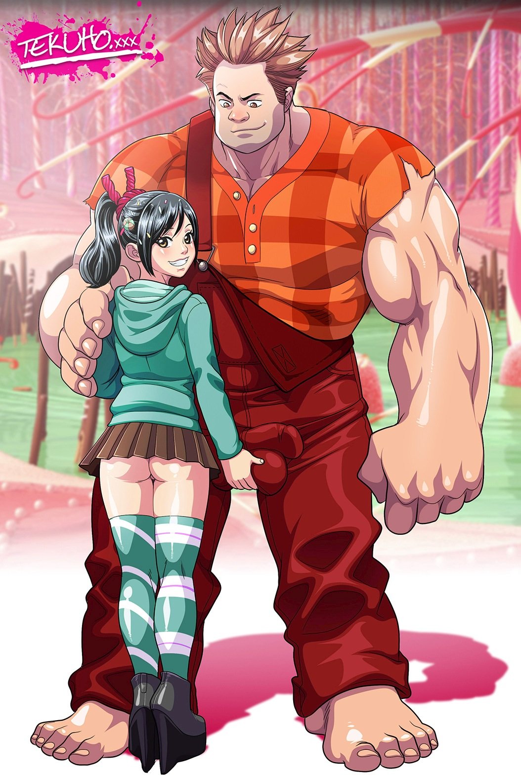 ass big_ass big_penis big_testicles female male muscle penis size_difference tekuho_(artist) testicle_grab testicles vanellope_von_schweetz wreck-it_ralph wreck-it_ralph_(character)