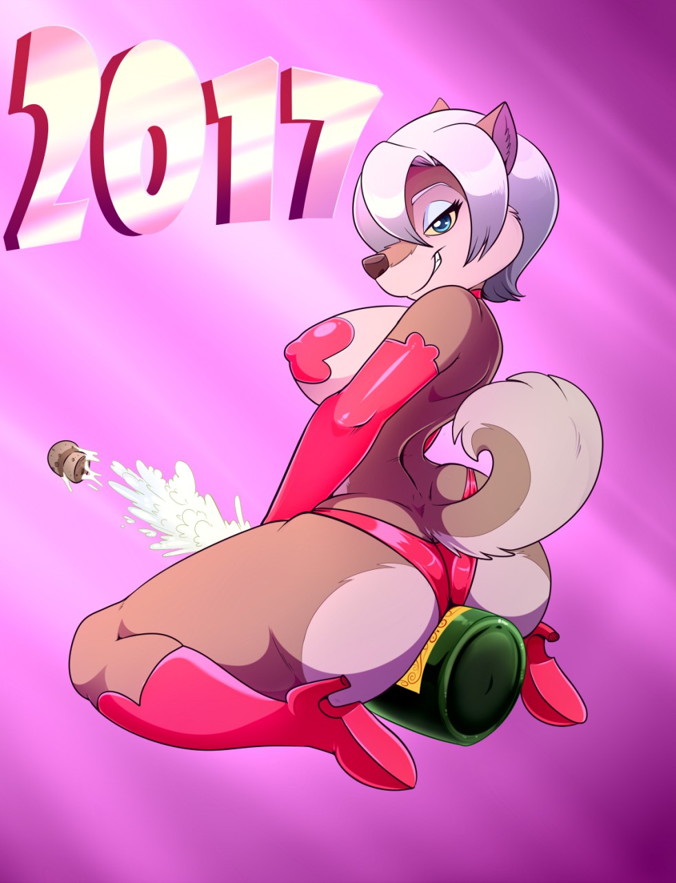 2017 alcohol anthro ass beverage big_ass big_breasts blue_eyes breasts canine champagne fur furry hair half-closed_eyes holidays lonbluewolf looking_at_viewer looking_back mammal new_year white_hair yellow_sclera