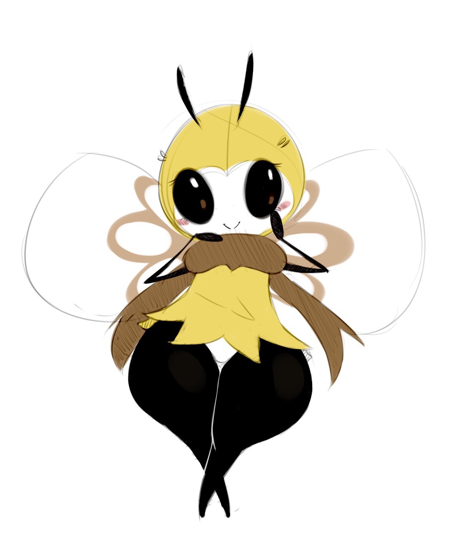 1girl antenna antennae bee big_breasts black_eyes blush breast breasts bulumble-bee female_only humanoid insect looking_at_viewer nintendo pokemon ribombee simple_background smile thick_thighs wide_hips wings
