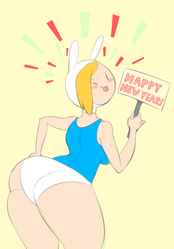 1girl adventure_time ass big_breasts black_eyes blonde_hair blush breasts bulumble-bee bunny_ears butt_slap cartoon_network clothing fionna_the_human gif huge_ass jiggle looking_at_viewer panties sign simple_background smile text thick_thighs tongue wide_hips
