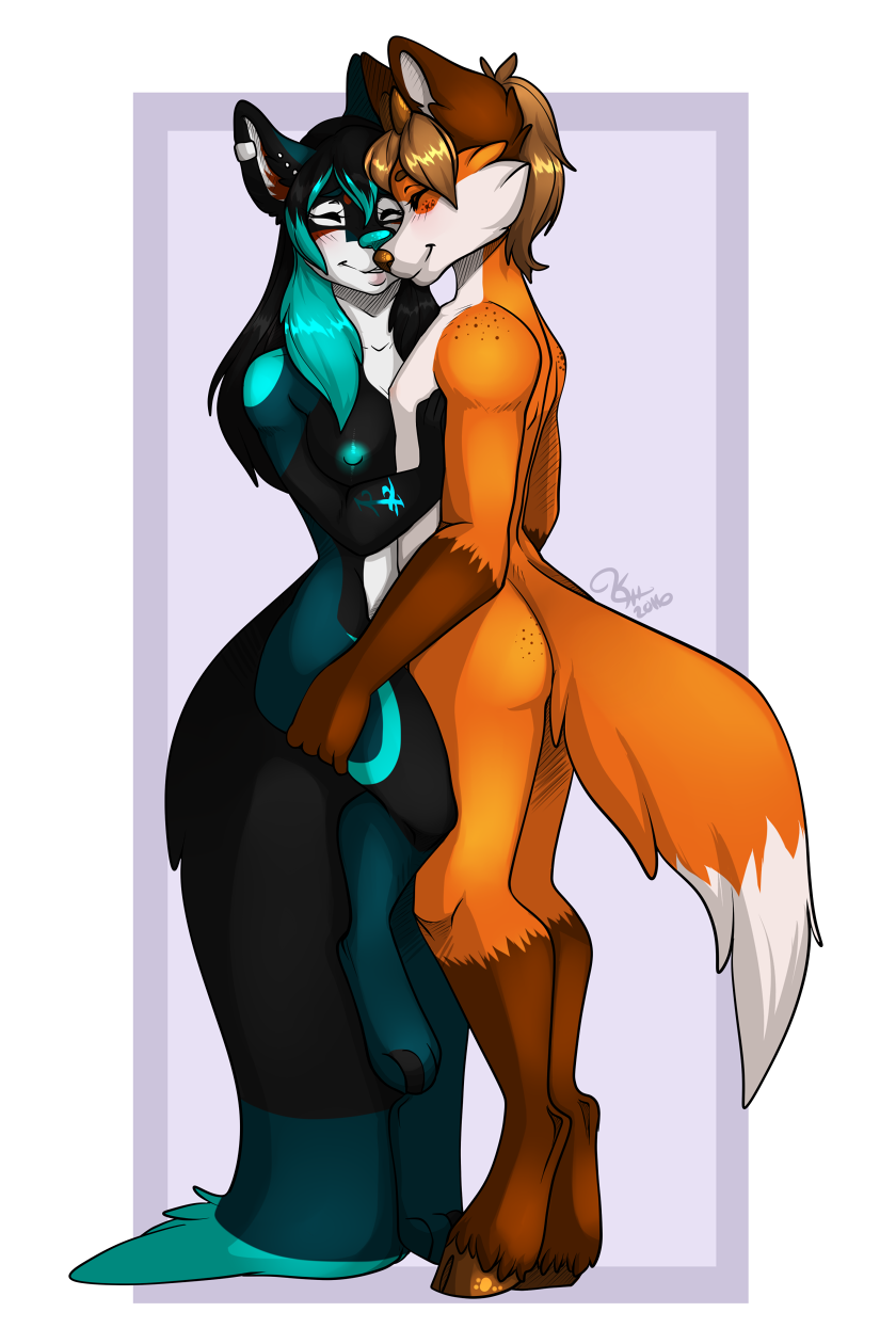 1girl anthro ass blush breasts canine duo fox fur furry girly hair hiddenwolf hugging male male/female mammal nipples smile standing