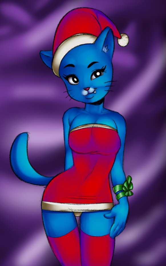 1girl 1girl anthro blue_fur breasts cartoon_network cat christmas cleavage clothed clothing feline fur furry holidays legwear maddigzlz mammal mature_female milf nicole_watterson panties parent red_nose santa_claus simple_background stockings the_amazing_world_of_gumball underwear