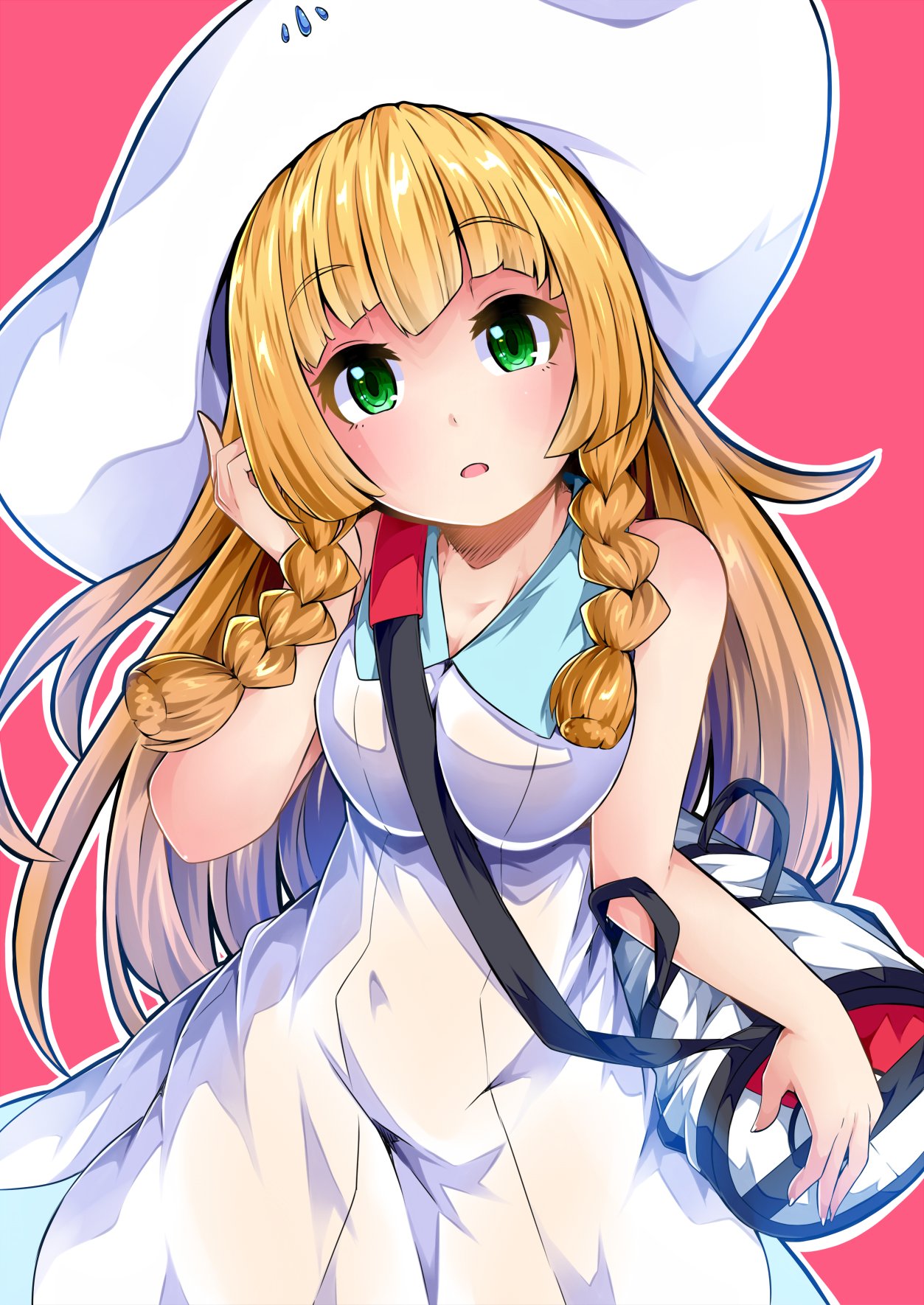 1girl bag bangs bare_shoulders big_breasts blonde_hair blunt_bangs blush braid breasts collared_dress commentary_request cowboy_shot dress duffel_bag eyebrows_visible_through_hair green_eyes hat highres ishimu leaning_forward lillie lillie_(pokemon) long_hair looking_at_viewer medium_breasts outline parted_lips pokemon pokemon_sm see-through_silhouette sleeveless sleeveless_dress solo sun_hat sundress twin_braids twitter wet wet_clothes white_dress white_hat