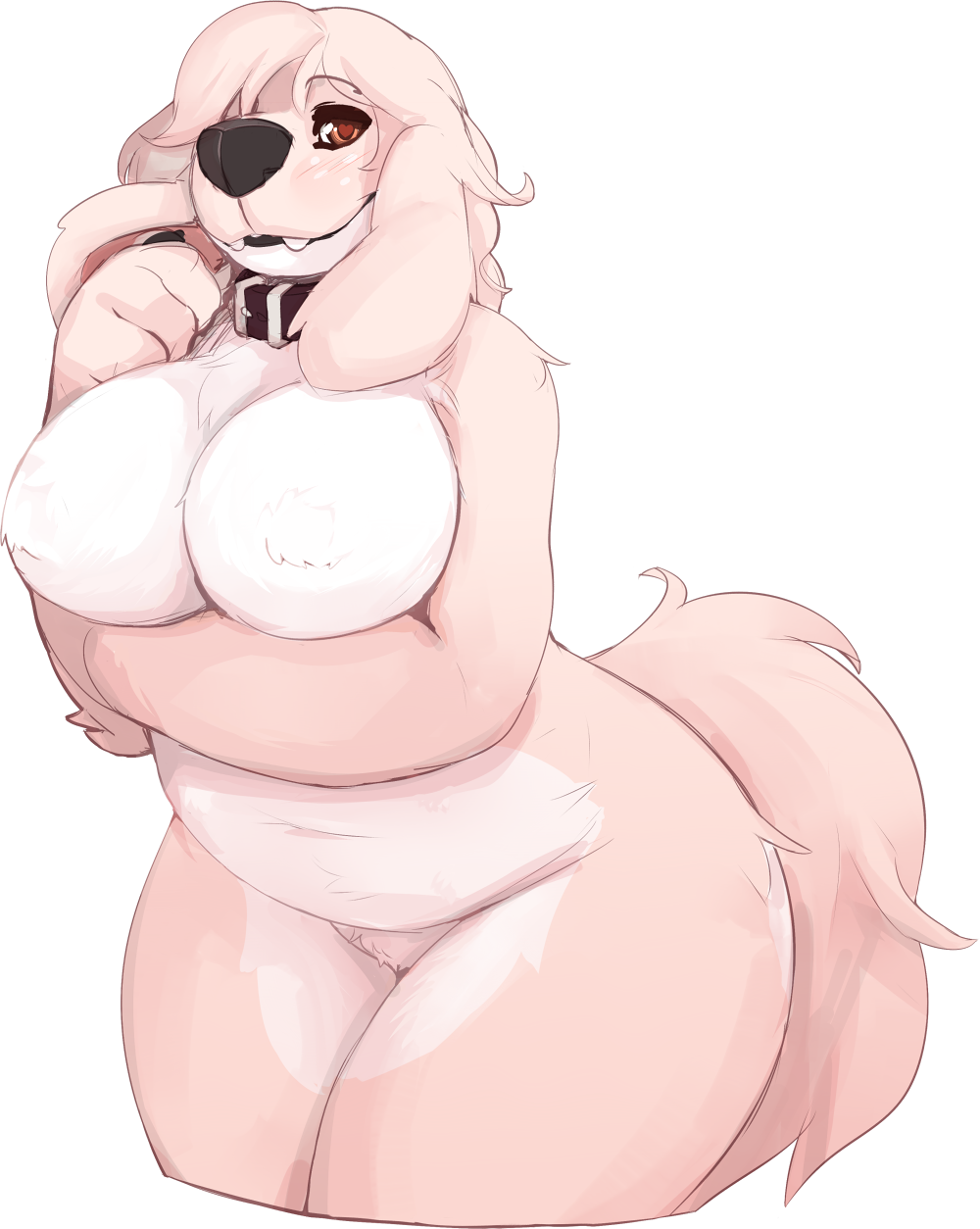 &lt;3_eyes 1girl alpha_channel anthro areola belly big_breasts black_nose blush breast_rest breasts canine collar cute dog fluffy_tail fur furry heart high_res huge_breasts jasper's_mom_(character) looking_at_viewer mammal mature_female milf nude parent pink_fur portrait seth-iova simple_background slightly_chubby standing thick_thighs three-quarter_portrait transparent_background voluptuous wide_hips