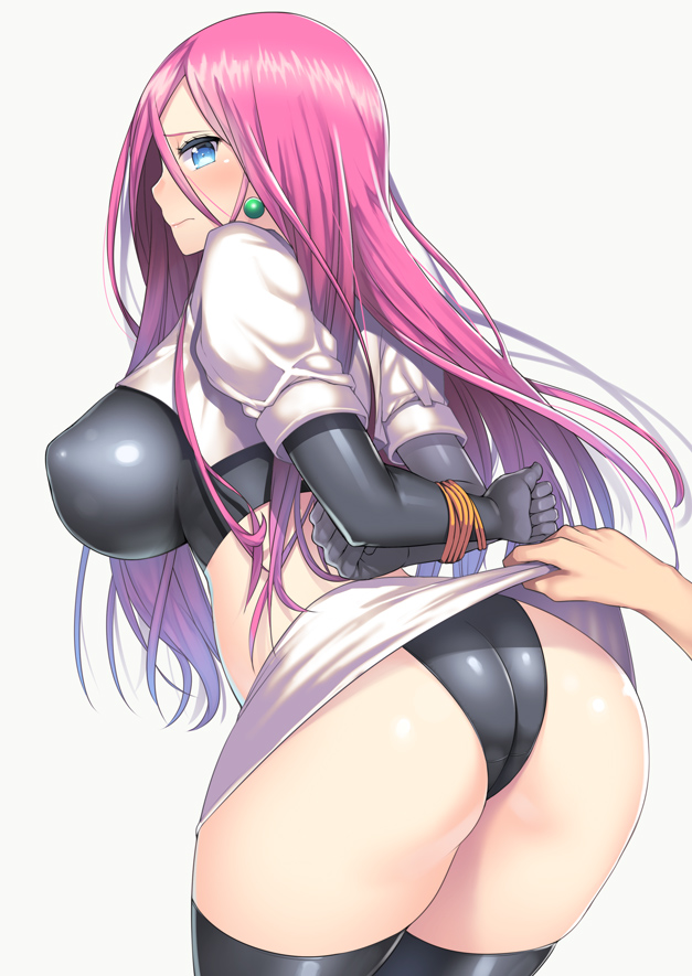 1girl arms_behind_back ass back big_ass big_breasts black_gloves black_legwear black_panties blue_eyes blush bondage bound bound_arms breasts closed_mouth covered_nipples cowboy_shot crop_top cropped_jacket earrings elbow_gloves from_behind fully_clothed game_freak gloves gradient hair_between_eyes hug huge_breasts humans_of_pokemon jacket jessie_(pokemon) jewelry large_breasts leaning_forward legs_together lifted_by_another long_hair looking_at_viewer looking_back midriff miniskirt musashi_(pokemon) nagase_haruhito nintendo out_of_frame panties pencil_skirt pink_hair pokemon pokemon_(anime) pokemon_(game) profile puffy_short_sleeves puffy_sleeves shiny shiny_clothes shiny_hair shiny_skin short_sleeves simple_background sitting skirt solo_focus team_rocket thighhighs tied underwear upskirt very_long_hair white_background