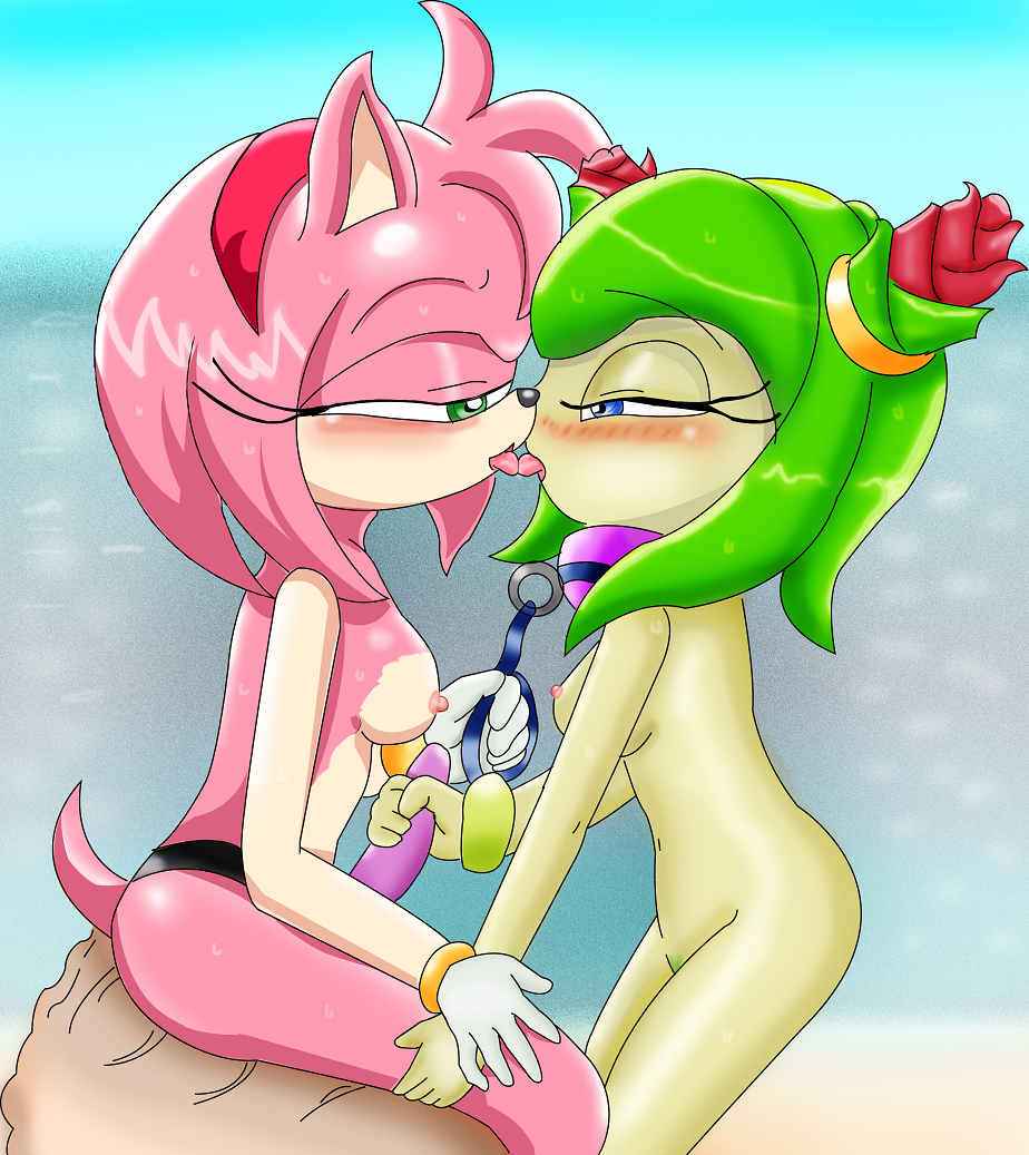 2girls 5_fingers amy_rose anthro beach beige_skin black_nose blue_eyes blush bracelet breasts collar color cosmo_the_seedrian day dildo eye_contact eyelashes female female_only flower fur furry gloves green_eyes green_hair hair hedgehog interspecies kissing leash looking_at_another multiple_females nipples outside oyashirothr43 pink_fur pink_hair raised_tail sand seedrian sega sex_toy short_hair side_view sitting sky sonic_(series) standing strap-on tail water yuri